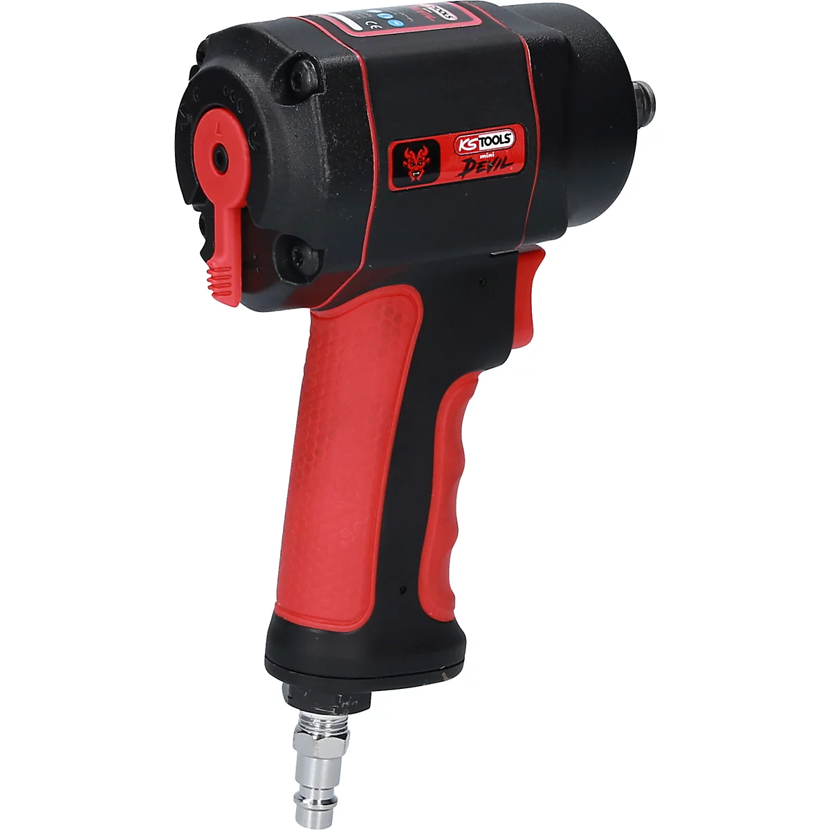 Schwarzer und roter Druckluftschrauber. Der Griff ist rot, der Kopf schwarz. Auf der Seite steht KS TOOLS.